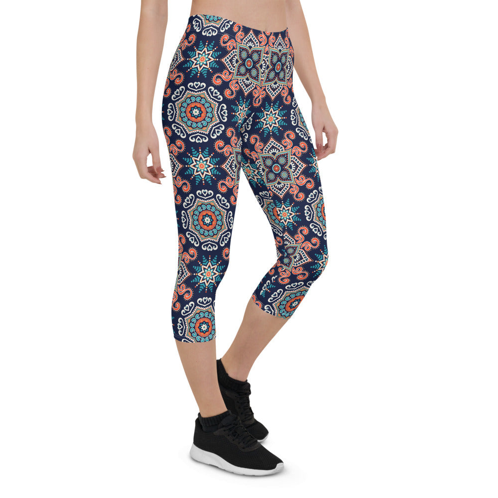 Navy Blue Mandala Capri Leggings
