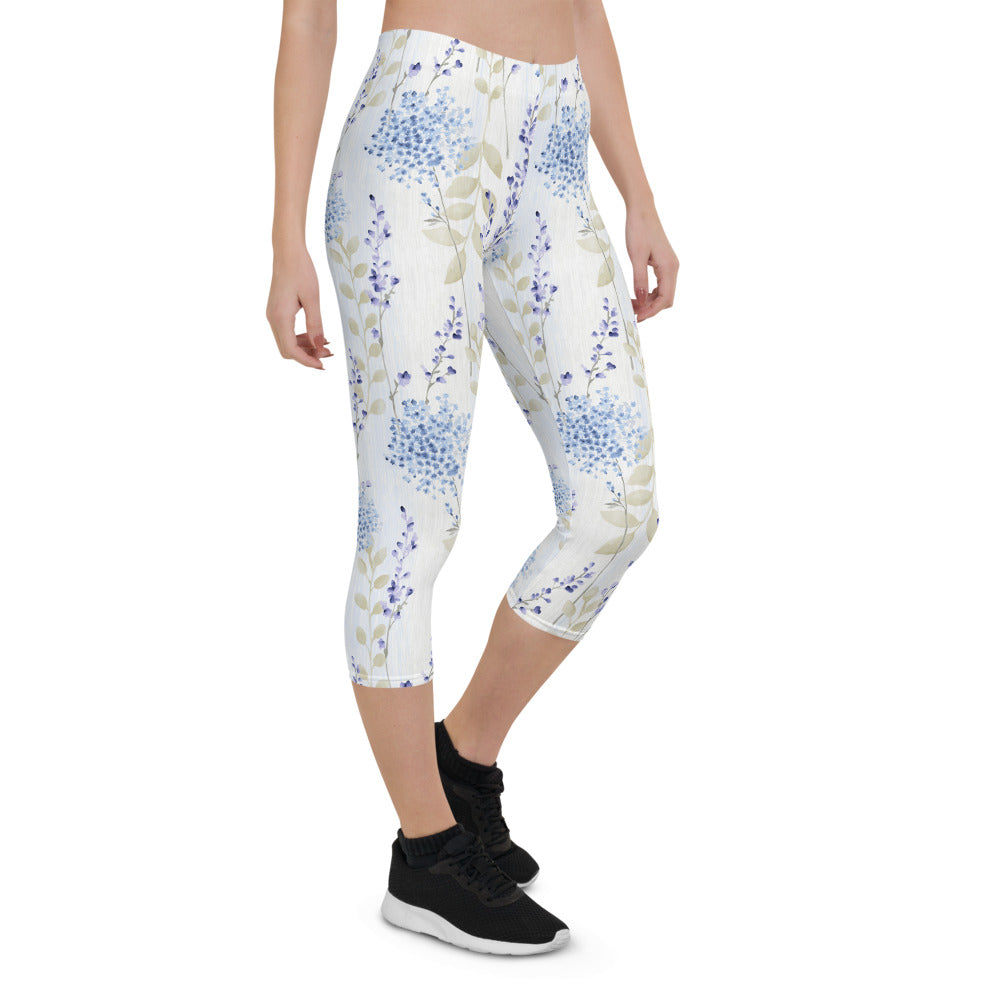 Blue Floral Women's Capri Leggings - Bloom Seventy Seven