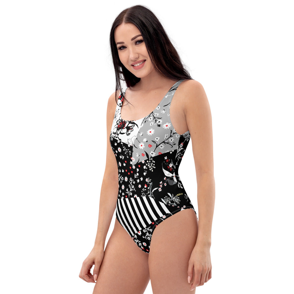 Floral Stripe Print One-Piece Swimsuit