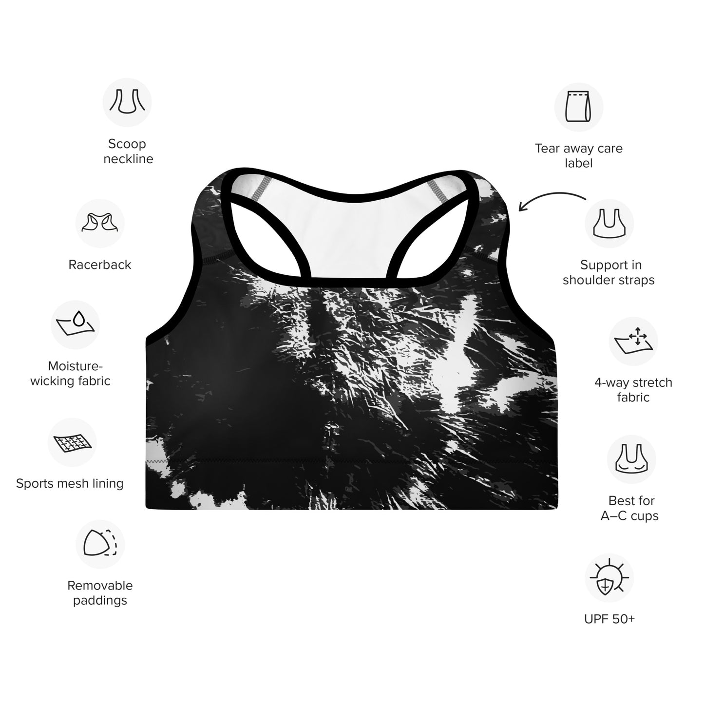 Black & White Tie Dye Padded Sports Bra