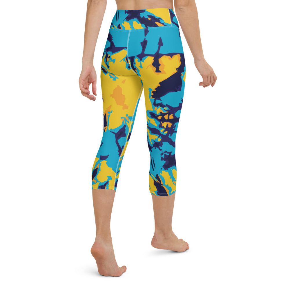 High Waist Blue & Yellow Yoga Capri Leggings