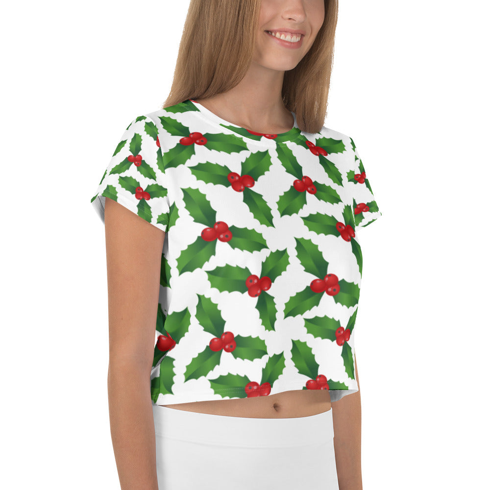 Holly Christmas Print Crop Tee