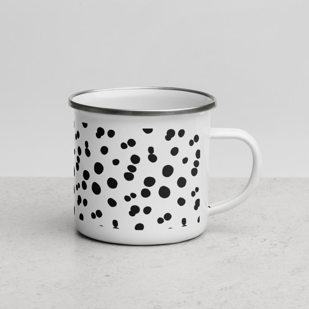 White enamel mug with silver rim with freeform black dots that raps around the mug by Bloom Seventy Seven