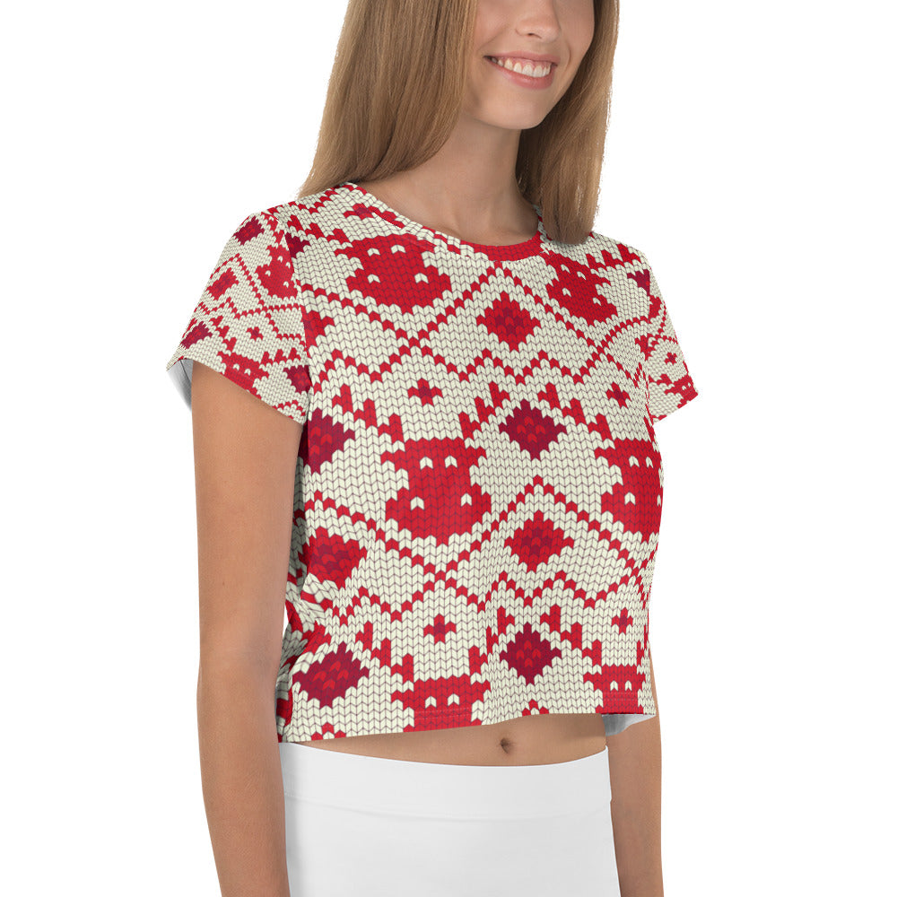 Ugly Christmas Reindeer Head Print Crop Tee