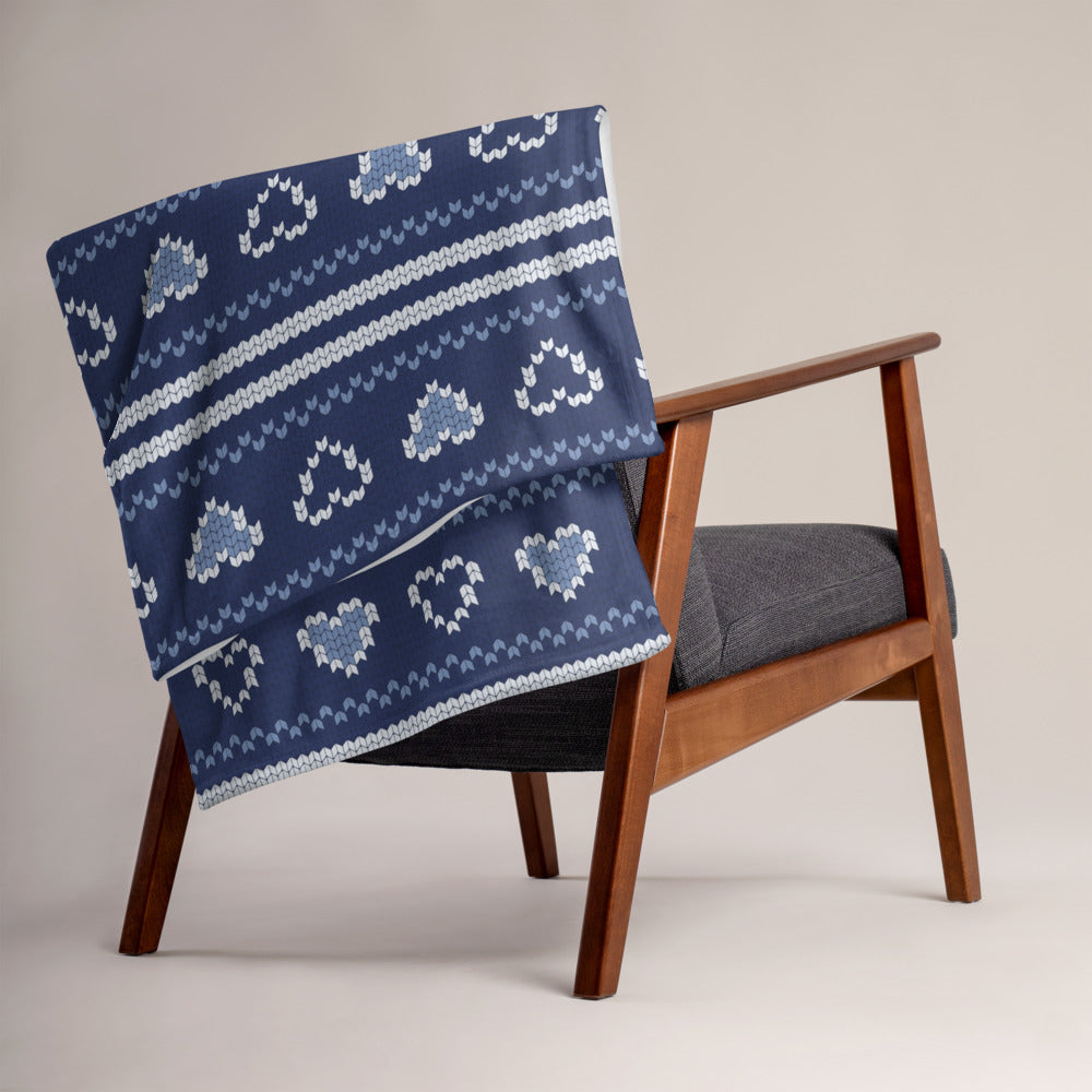 Love Knitted Print Throw Blanket - Blue and White Hearts 50″ × 60″