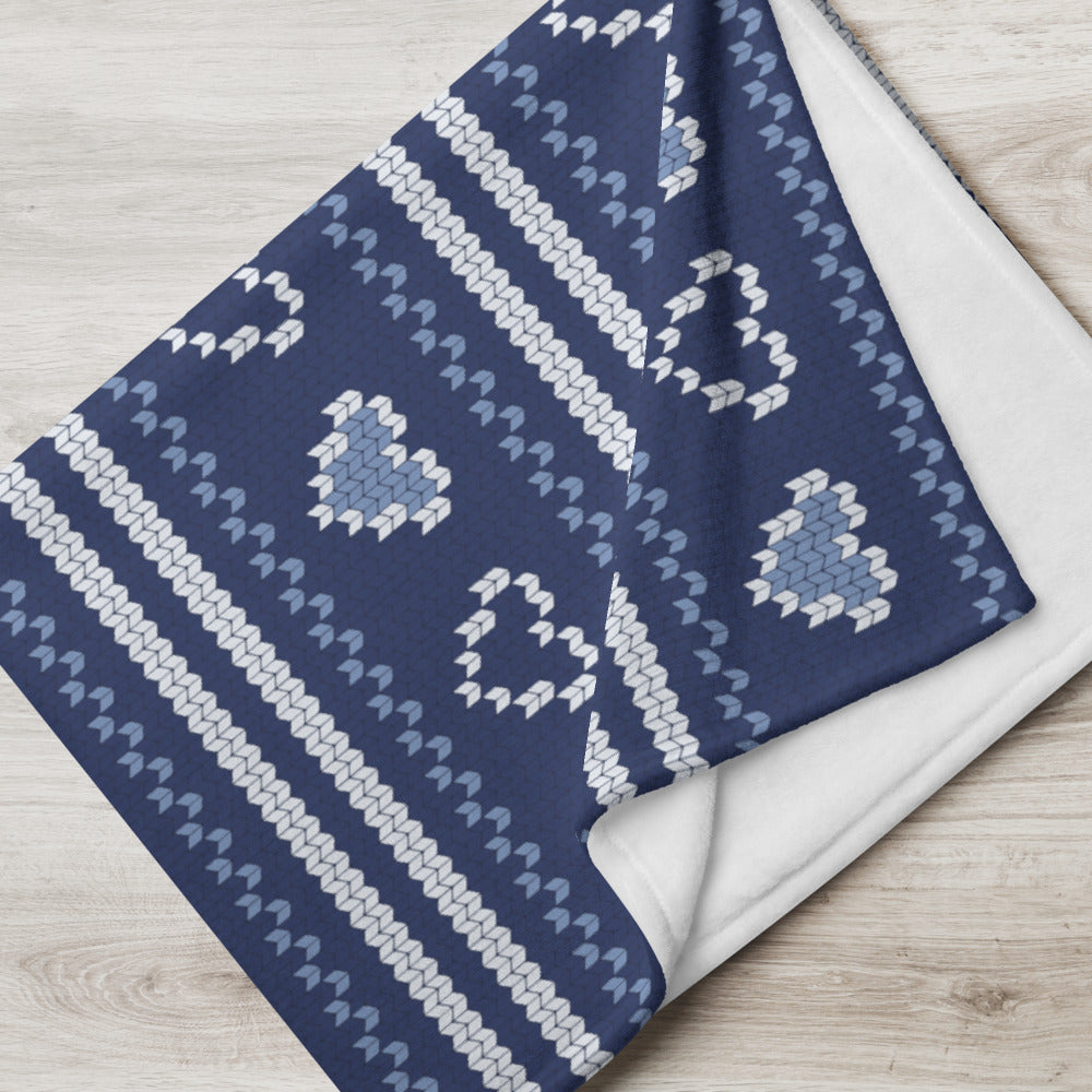 Love Knitted Print Throw Blanket - Blue and White Hearts 50″ × 60″