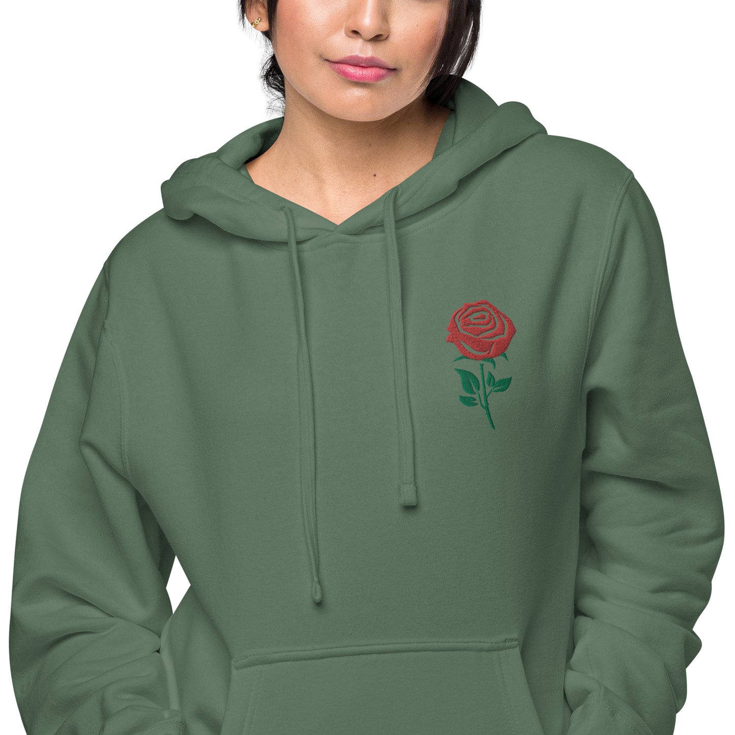 Red Embroidered Rose Gender Neutral Pigment-dyed Hoodie