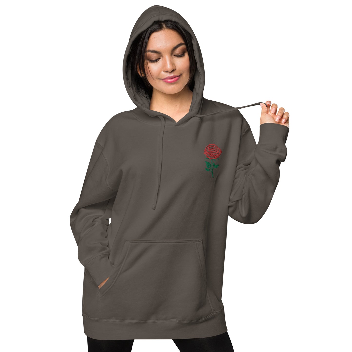 Red Embroidered Rose Gender Neutral Pigment-dyed Hoodie