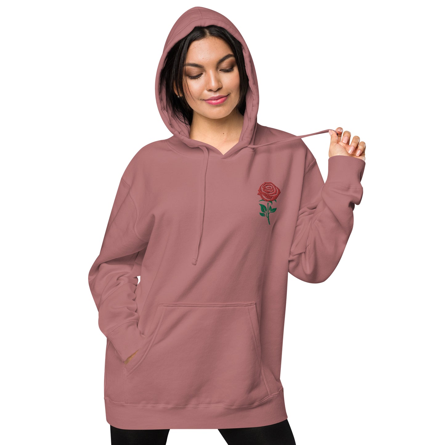 Red Embroidered Rose Gender Neutral Pigment-dyed Hoodie