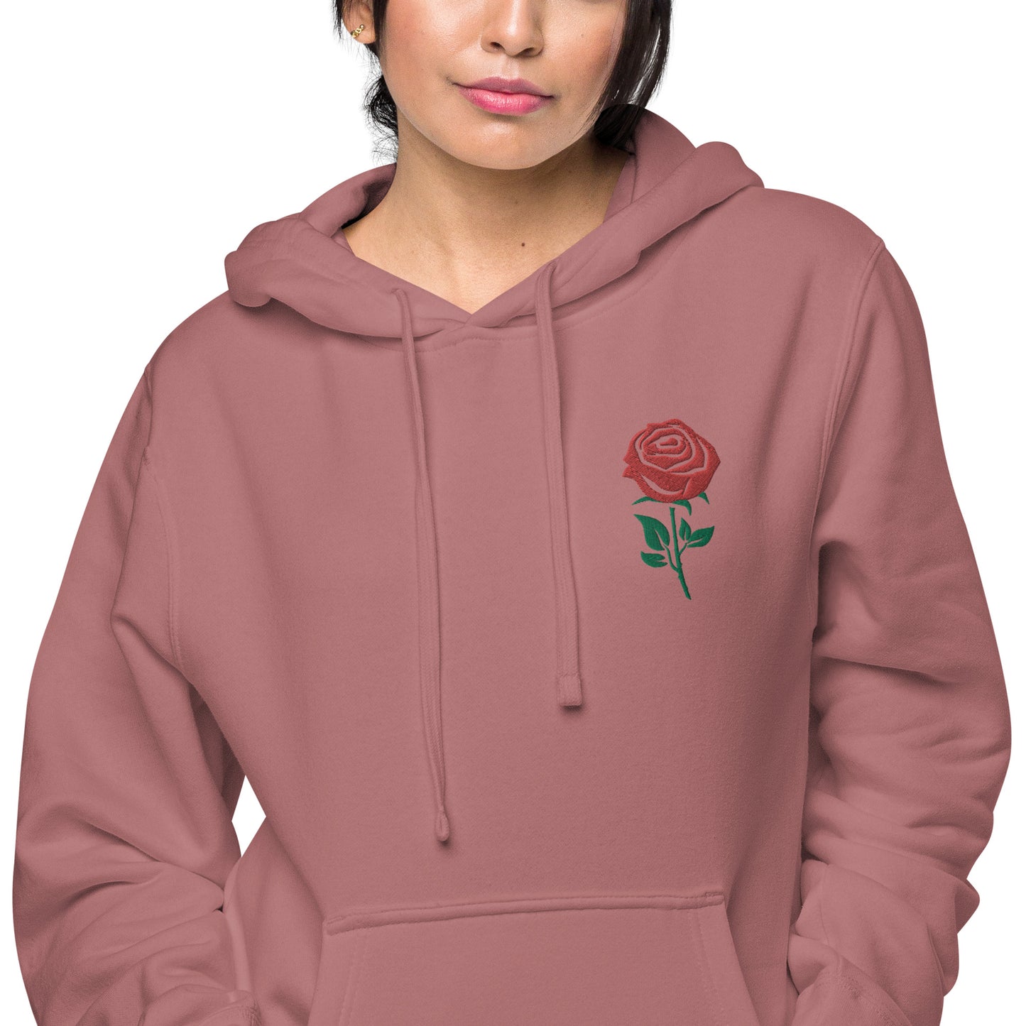 Red Embroidered Rose Gender Neutral Pigment-dyed Hoodie