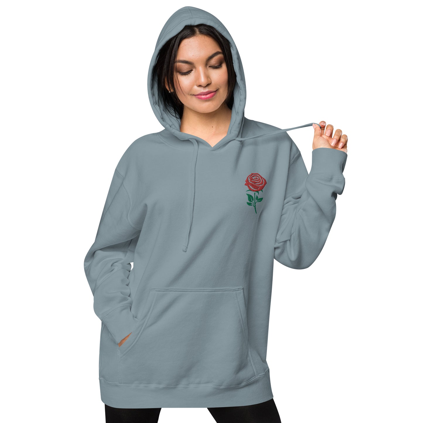 Red Embroidered Rose Gender Neutral Pigment-dyed Hoodie