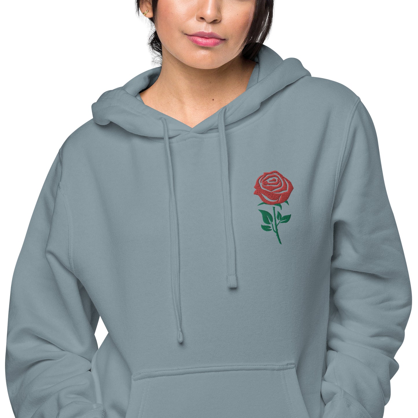 Red Embroidered Rose Gender Neutral Pigment-dyed Hoodie