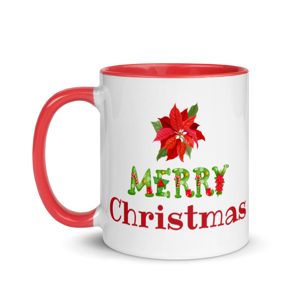 Merry Christmas Poinsettia Ceramic Mug with Color Inside