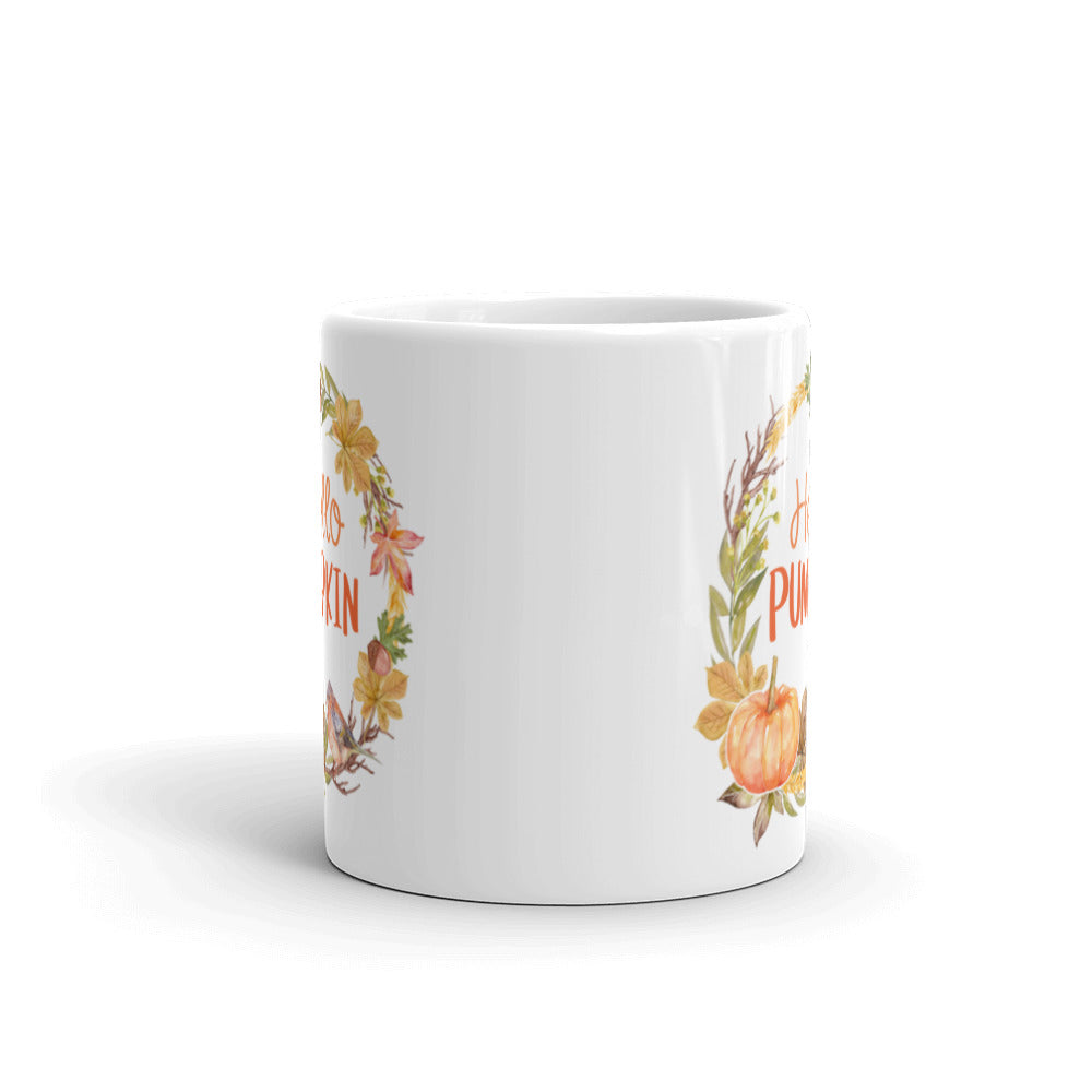 Hello Pumpkin Wreath White Glossy Ceramic Mug