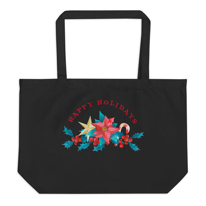 Happy Holidays Poinsettia Large Organic Tote Bag