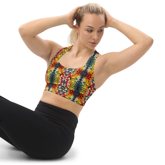 Multicoloured Geometric Pattern Longline Sports Bra