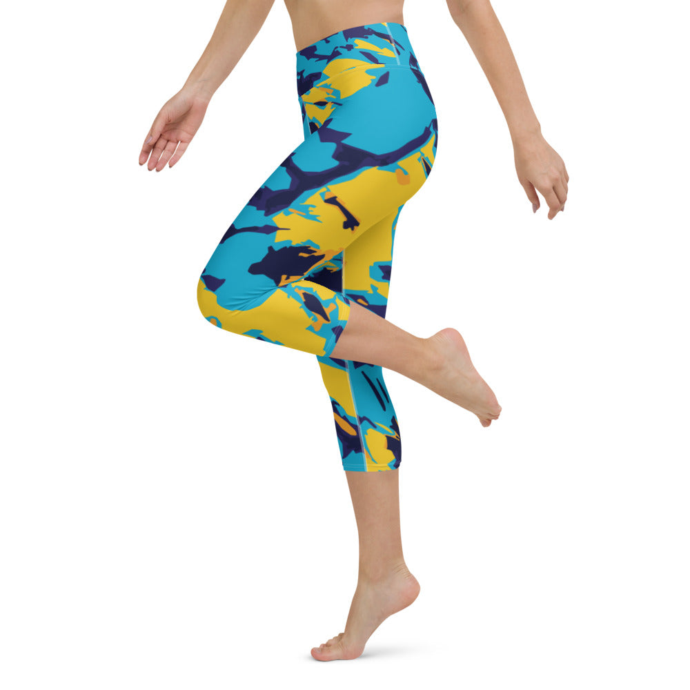High Waist Blue & Yellow Yoga Capri Leggings