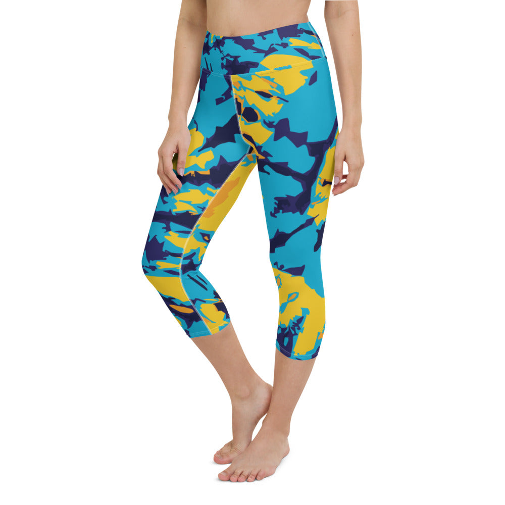 High Waist Blue & Yellow Yoga Capri Leggings