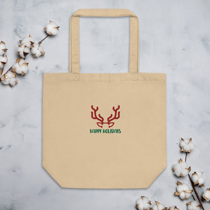 Happy Holidays Deer Christmas Embroidered Eco Tote Bag