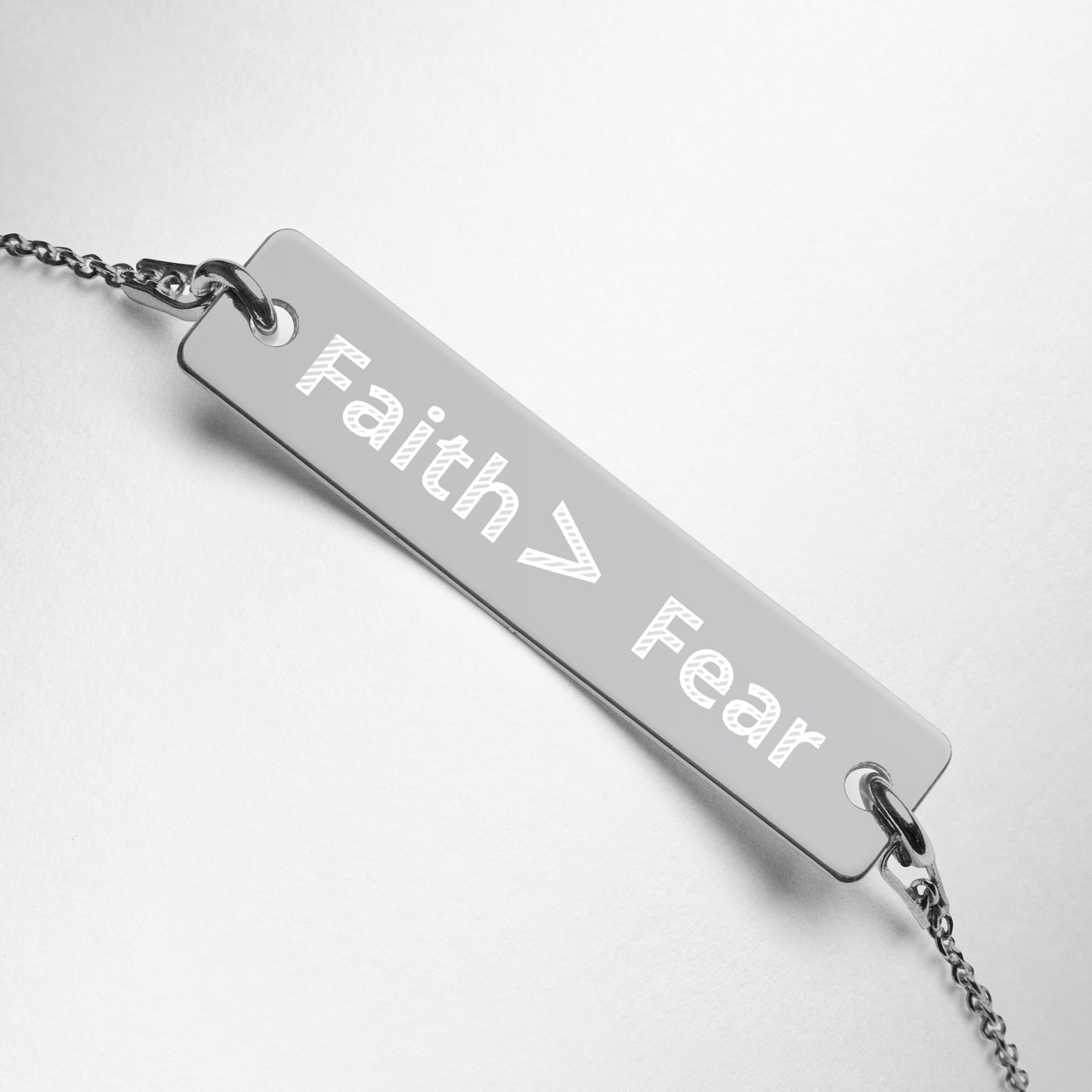 Faith > Fear Engraved Silver Bar Chain Bracelet