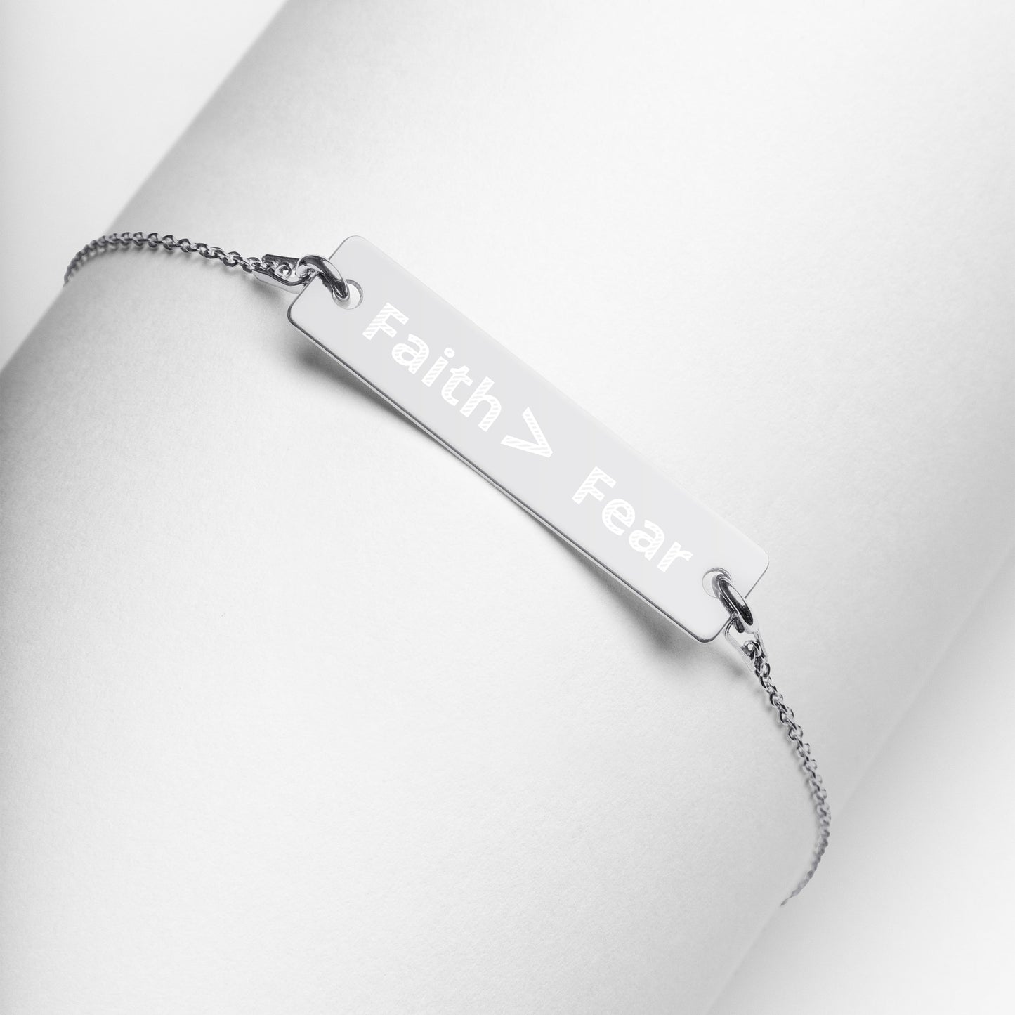 Faith > Fear Engraved Silver Bar Chain Bracelet