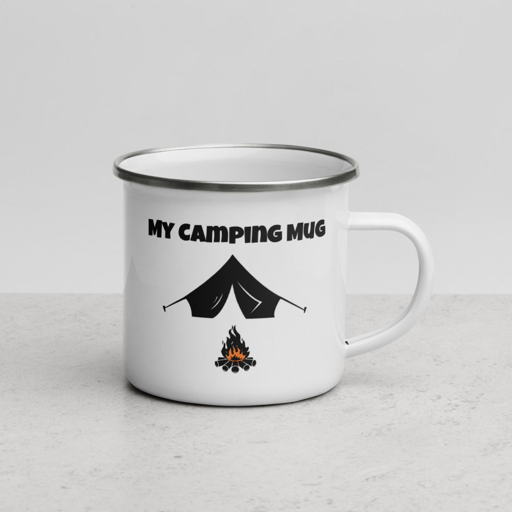 White enamel mug with silver rim and the graphic my camping mug , a tent and a fire by Bloom Seventy Seven