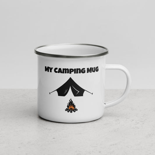 White enamel mug with silver rim and the graphic my camping mug , a tent and a fire by Bloom Seventy Seven