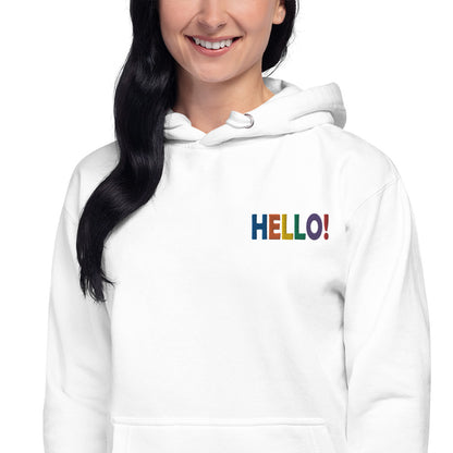 White Unisex Embroidered Hoodie with Colorful HELLO and Exclamation Mark by Bloom Seventy Seven