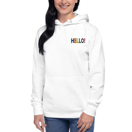 White Unisex Embroidered with Colorful HELLO and Exclamation Mark by Bloom Seventy Seven 
