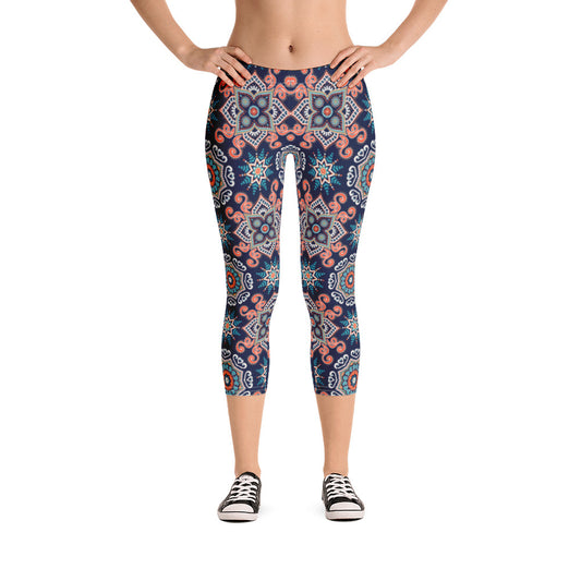 Navy Blue Mandala Capri Leggings