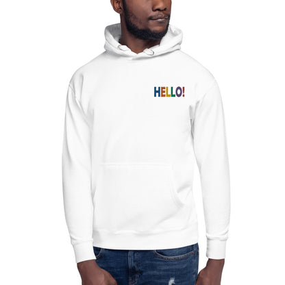 White Unisex Embroidered Hoodie with Colorful HELLO and Exclamation Mark by Bloom Seventy Seven