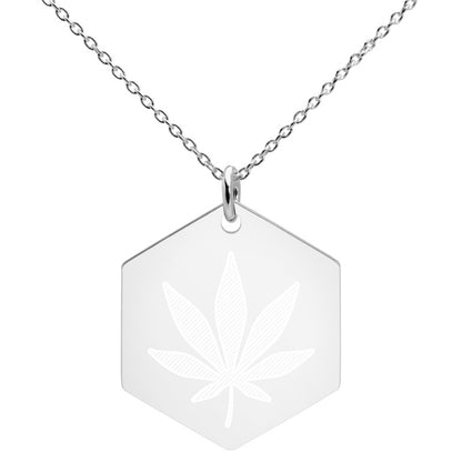Cannibis Leaf Engraved Silver Hexagon Necklace
