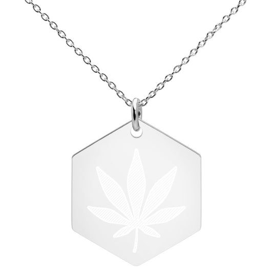Cannibis Leaf Engraved Silver Hexagon Necklace
