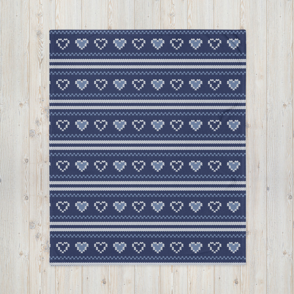 Love Knitted Print Throw Blanket - Blue and White Hearts 50″ × 60″