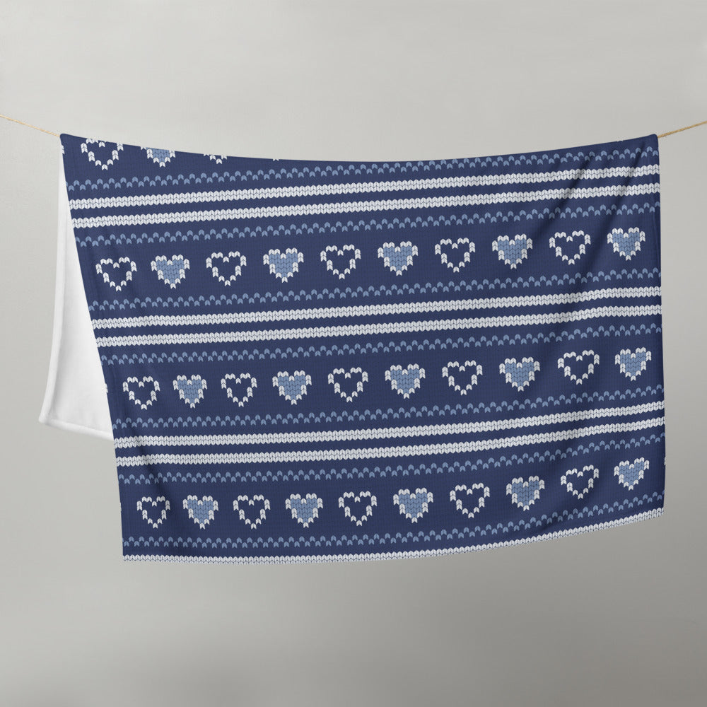Love Knitted Print Throw Blanket - Blue and White Hearts 50″ × 60″