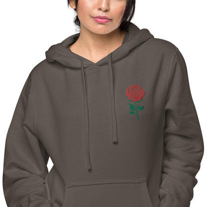 Red Embroidered Rose Gender Neutral Pigment-dyed Hoodie