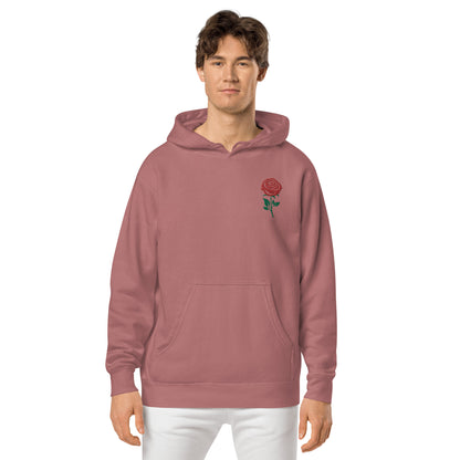 Red Embroidered Rose Gender Neutral Pigment-dyed Hoodie