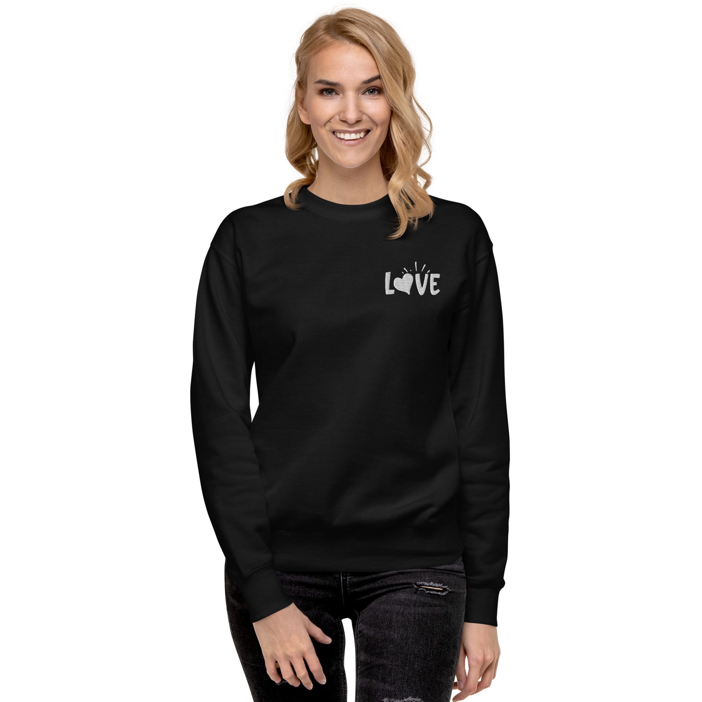 Love Embroidered White Unisex Premium Sweatshirt