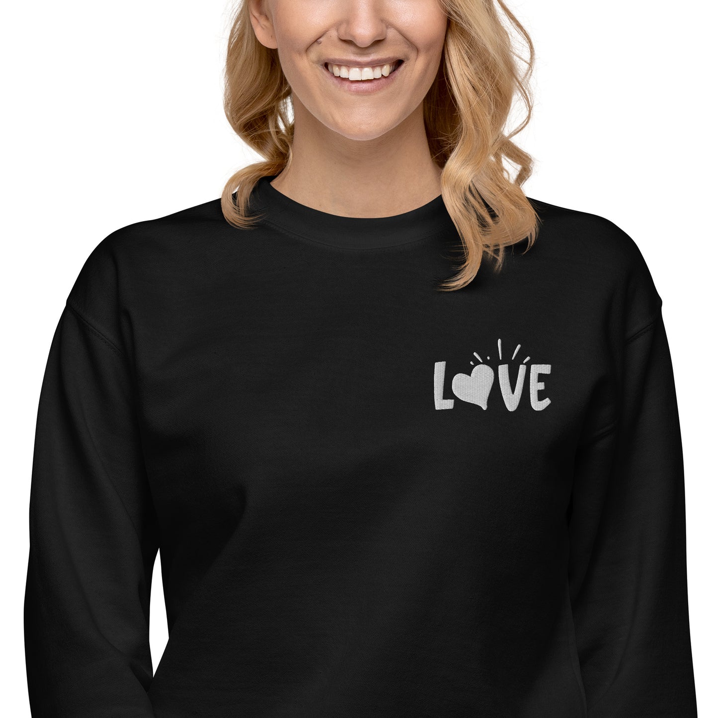 Love Embroidered White Unisex Premium Sweatshirt