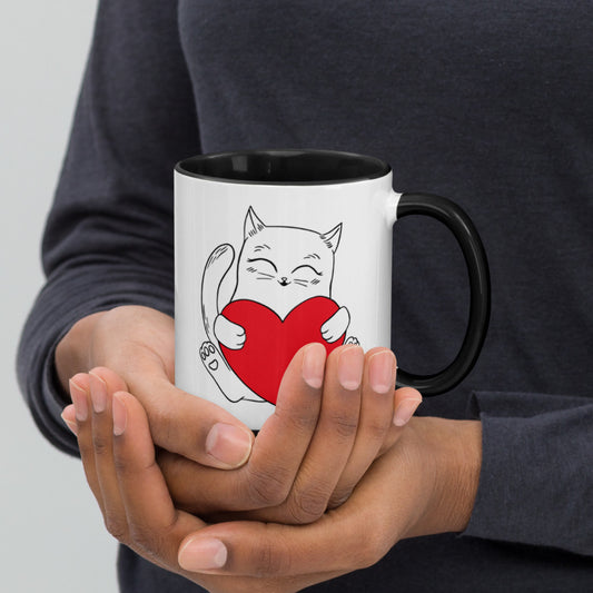 Smiling Cat Love You Heart Mug with Color Inside
