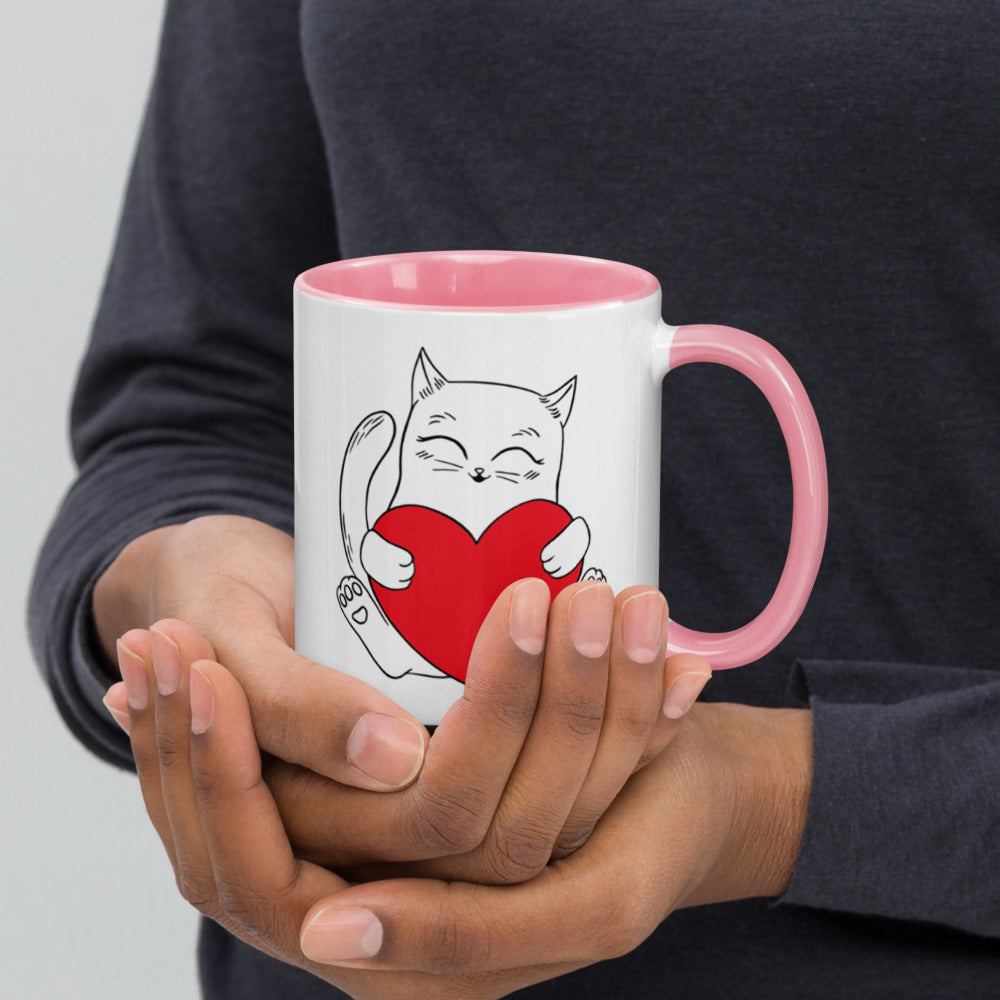Smiling Cat Love You Heart Mug with Color Inside