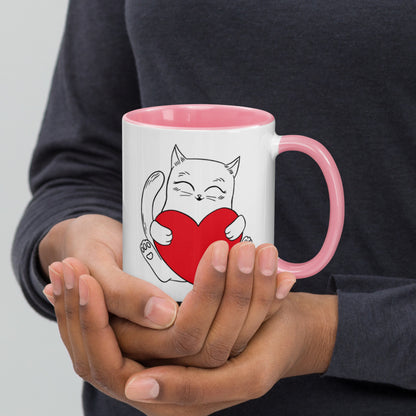 Smiling Cat Love You Heart Mug with Color Inside