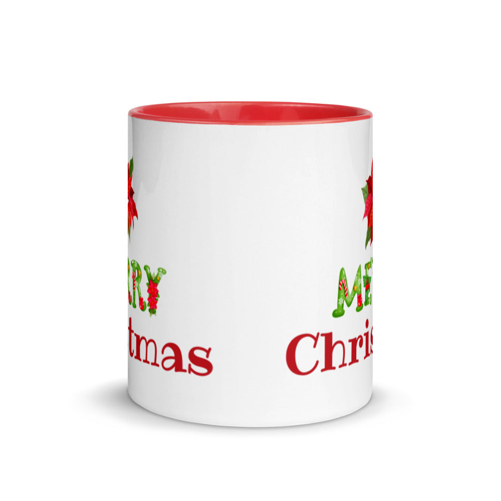 Merry Christmas Poinsettia Ceramic Mug with Color Inside