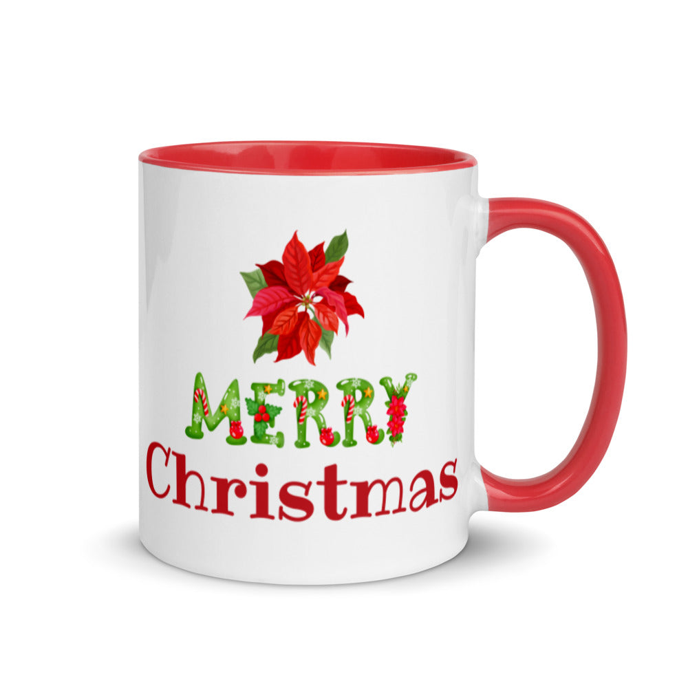Merry Christmas Poinsettia Ceramic Mug with Color Inside