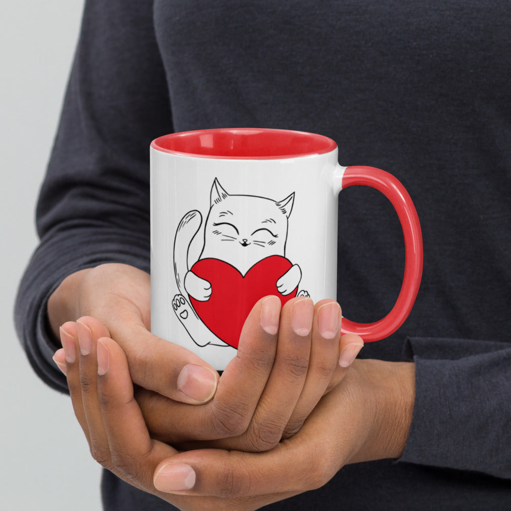 Smiling Cat Love You Heart Mug with Color Inside