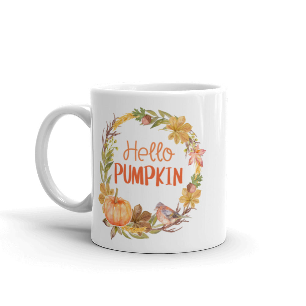 Hello Pumpkin Wreath White Glossy Ceramic Mug