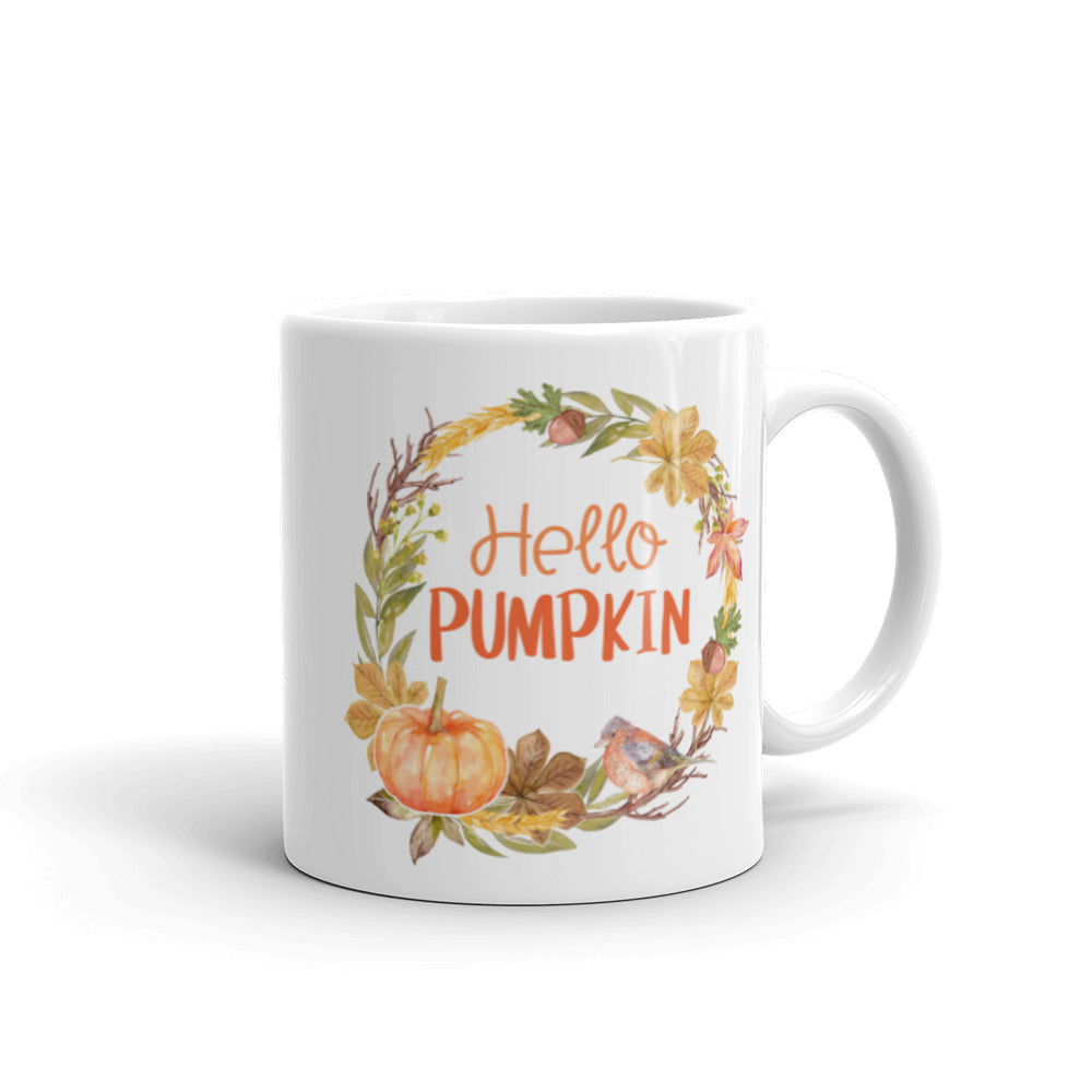 Hello Pumpkin Wreath White Glossy Ceramic Mug