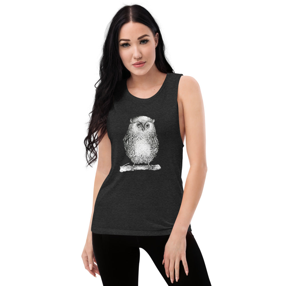 Boyfriend Fit Muscle Tank With Wise Owl Graphic - Bloom Seventy Seven