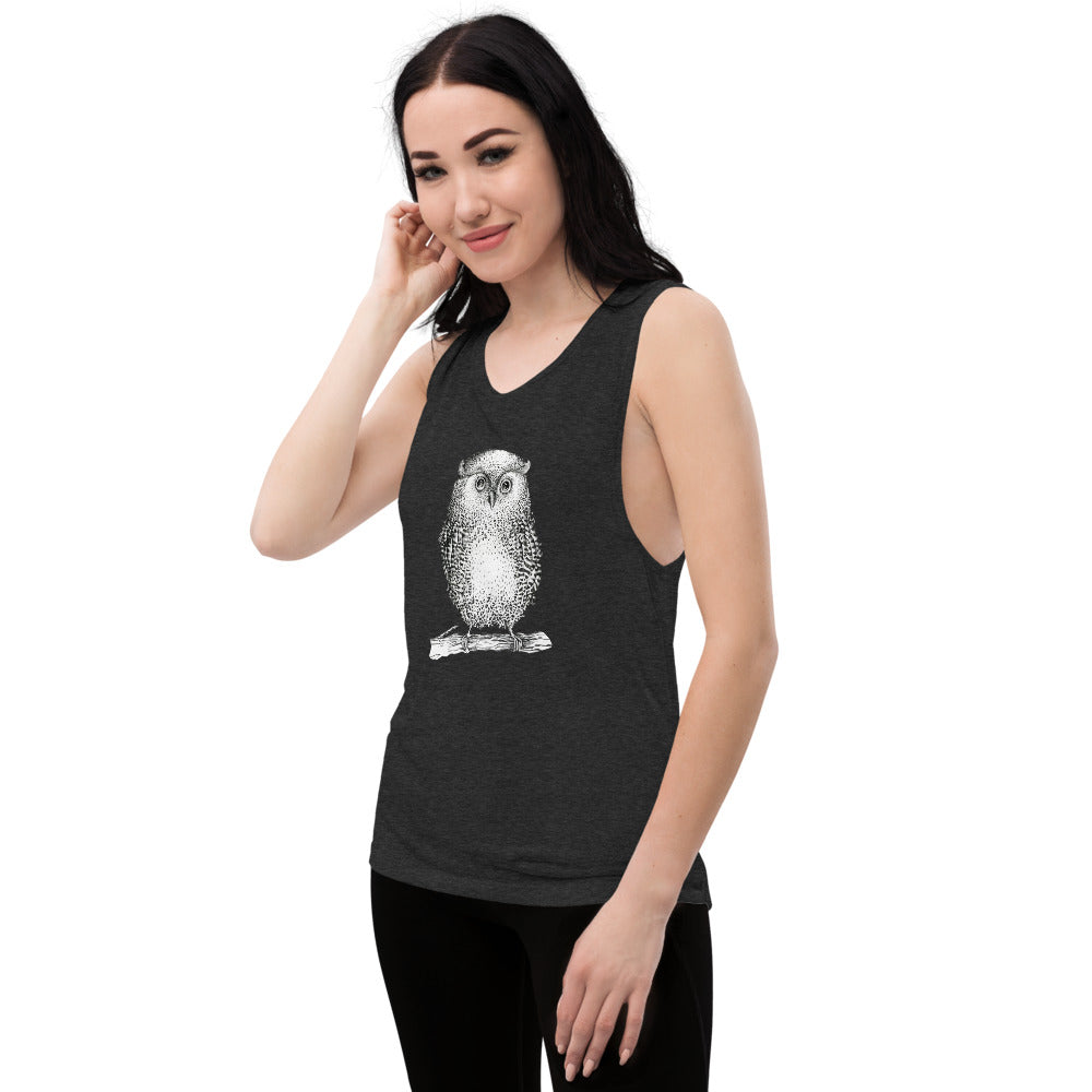 Boyfriend Fit Muscle Tank With Wise Owl Graphic - Bloom Seventy Seven