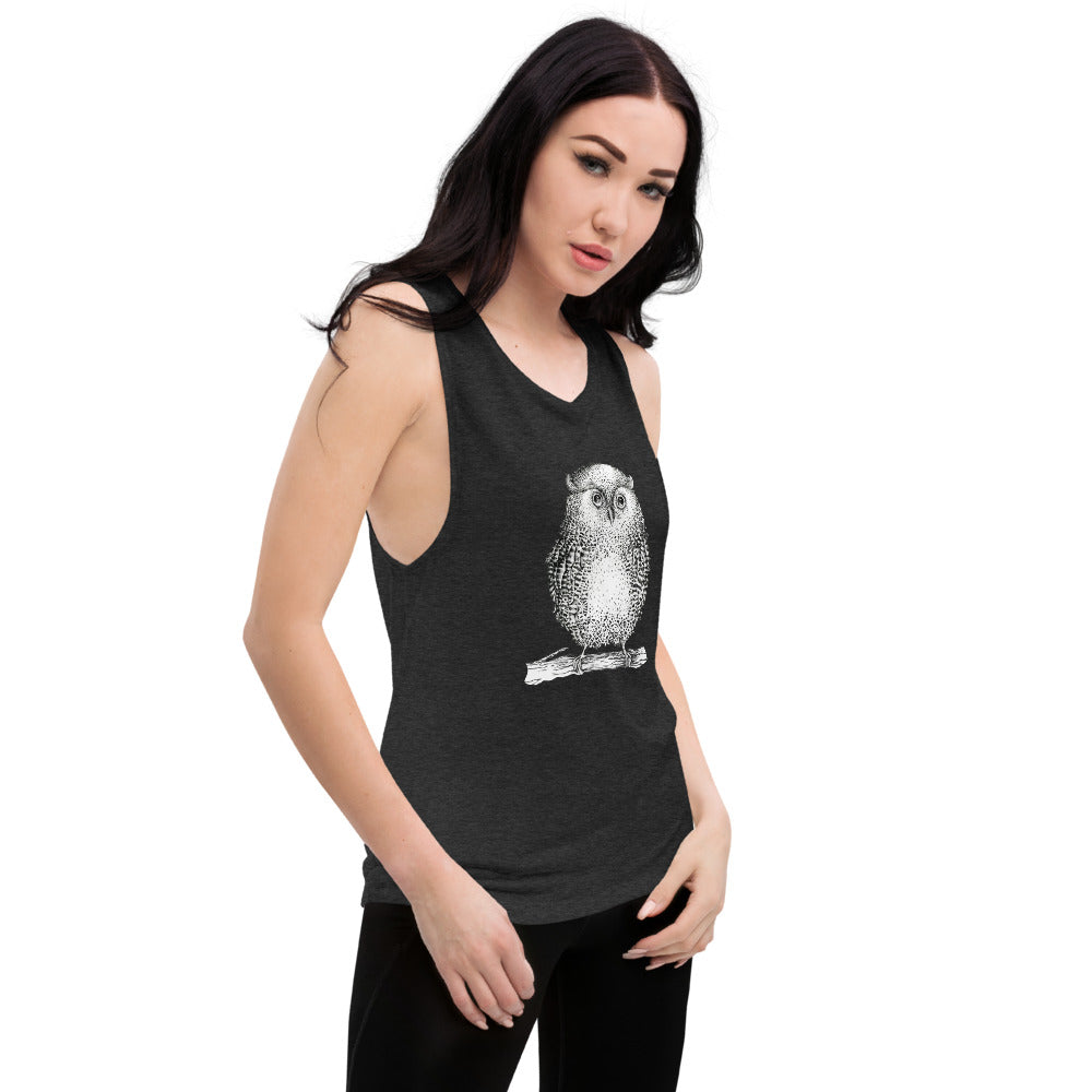 Boyfriend Fit Muscle Tank With Wise Owl Graphic - Bloom Seventy Seven